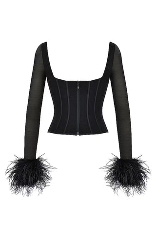 Square Neck Feather Trim Sheer Mesh Long Sleeve Crop Corset Top