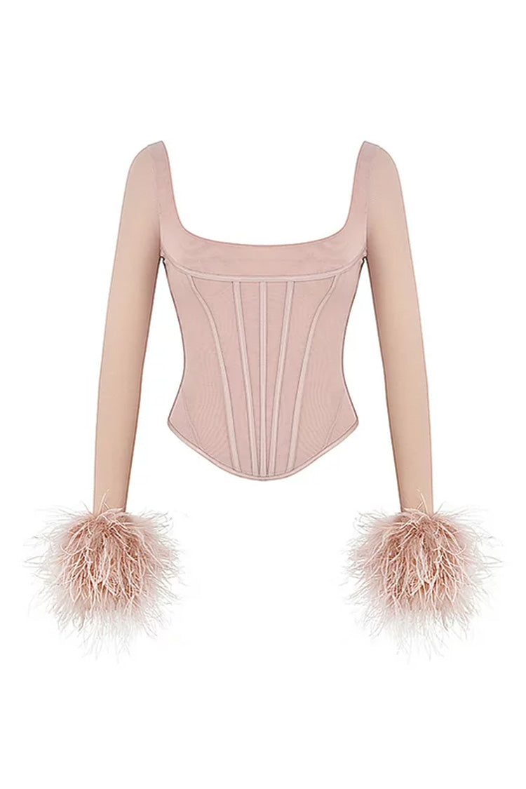 Square Neck Feather Trim Sheer Mesh Long Sleeve Crop Corset Top