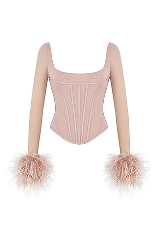 Square Neck Feather Trim Sheer Mesh Long Sleeve Crop Corset Top