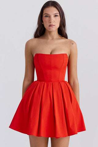 Strapless Corset Bustier Pleated Fit & Flare Tulle Trim Party Mini Dress