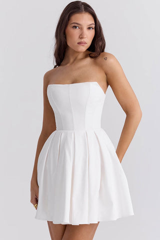 Strapless Corset Bustier Pleated Fit & Flare Tulle Trim Party Mini Dress