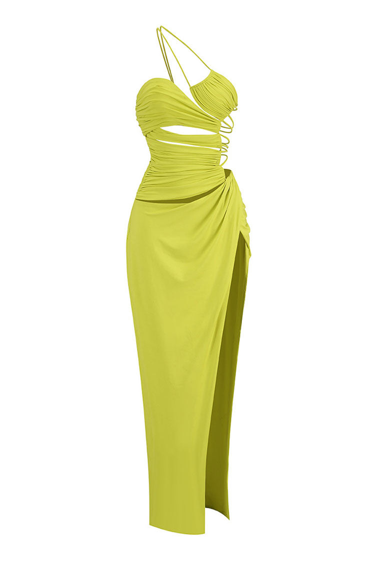 Strappy One Shoulder Ruched Cutout Backless Split Maxi Evening Dress