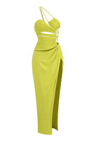 Strappy One Shoulder Ruched Cutout Backless Split Maxi Evening Dress