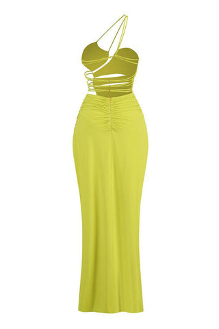 Strappy One Shoulder Ruched Cutout Backless Split Maxi Evening Dress