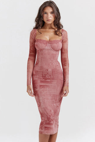 Sweetheart Lace Up Back Bodycon Printed Cocktail Party Midi Dress - Pink