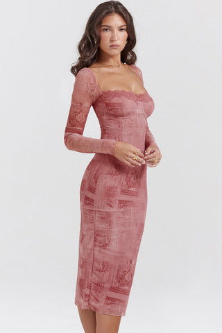 Sweetheart Lace Up Back Bodycon Printed Cocktail Party Midi Dress - Pink