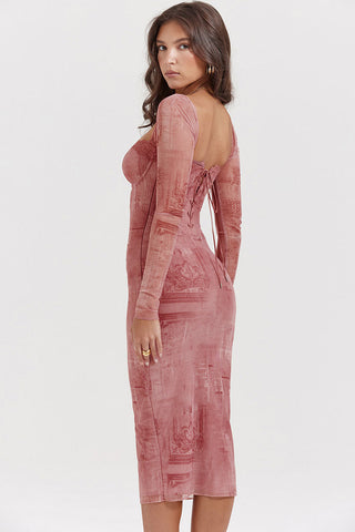 Sweetheart Lace Up Back Bodycon Printed Cocktail Party Midi Dress - Pink