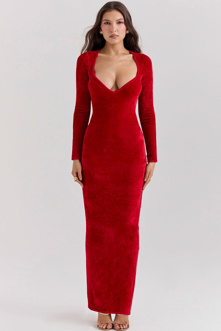 Sweetheart Neck Long Sleeve Velvet Bodycon Maxi Evening Dress - Red