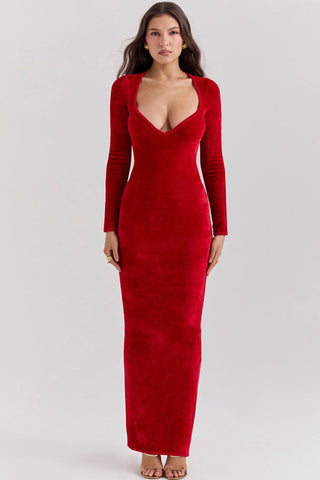 Sweetheart Neck Long Sleeve Velvet Bodycon Maxi Evening Dress - Red