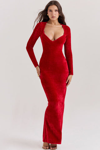 Sweetheart Neck Long Sleeve Velvet Bodycon Maxi Evening Dress - Red