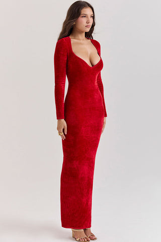 Sweetheart Neck Long Sleeve Velvet Bodycon Maxi Evening Dress - Red