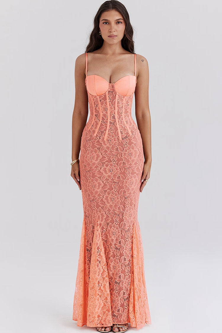 Sweetheart Neck Spaghetti Strap Lace Godet Fishtail Evening Maxi Dress