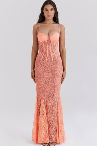 Sweetheart Neck Spaghetti Strap Lace Godet Fishtail Evening Maxi Dress