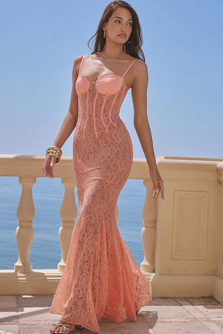 Sweetheart Neck Spaghetti Strap Lace Godet Fishtail Evening Maxi Dress