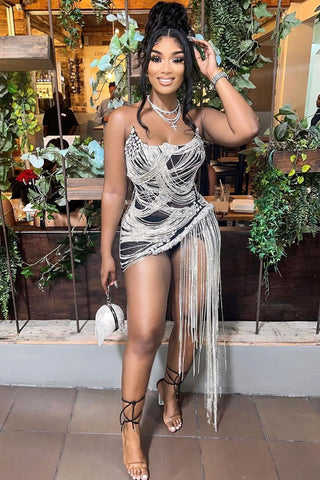 Sweetheart Semi Sheer Mesh Draped Rhinestone Fringe Mini Dress - Black
