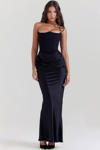 Sweetheart Strapless Corset Draped Satin Fishtail Evening Maxi Dress