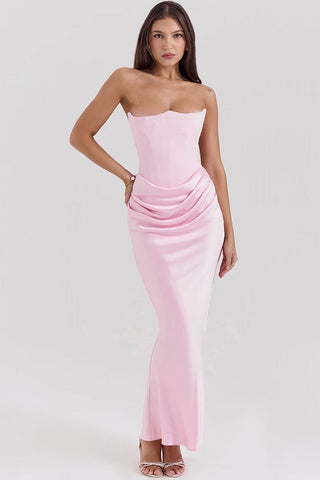 Sweetheart Strapless Corset Draped Satin Fishtail Evening Maxi Dress
