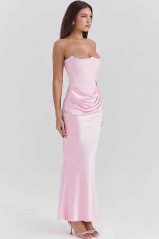 Sweetheart Strapless Corset Draped Satin Fishtail Evening Maxi Dress