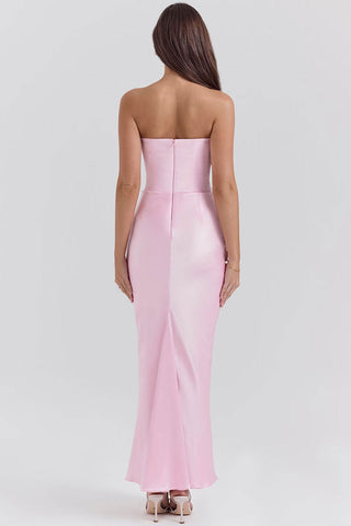 Sweetheart Strapless Corset Draped Satin Fishtail Evening Maxi Dress