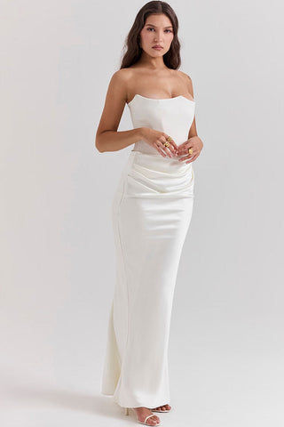 Sweetheart Strapless Corset Draped Satin Fishtail Evening Maxi Dress