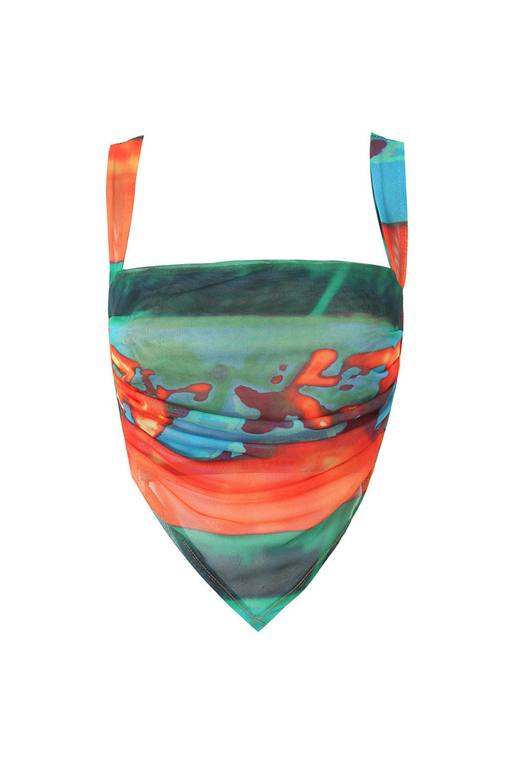 Tie Dye Cowl Neck Bow Tie Back Sheer Mesh Scarf Crop Tank Top