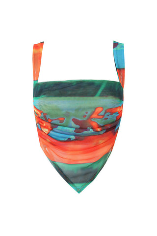 Tie Dye Cowl Neck Bow Tie Back Sheer Mesh Scarf Crop Tank Top