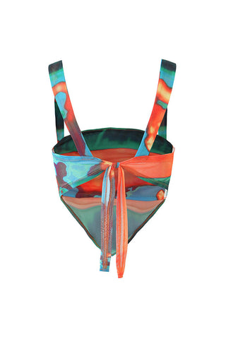 Tie Dye Cowl Neck Bow Tie Back Sheer Mesh Scarf Crop Tank Top