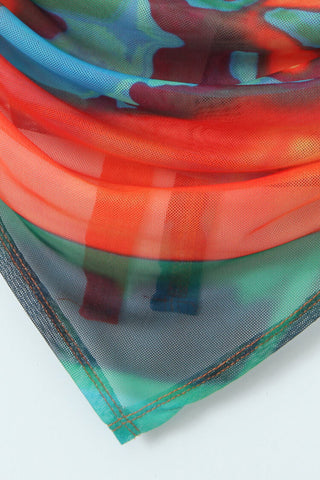 Tie Dye Cowl Neck Bow Tie Back Sheer Mesh Scarf Crop Tank Top