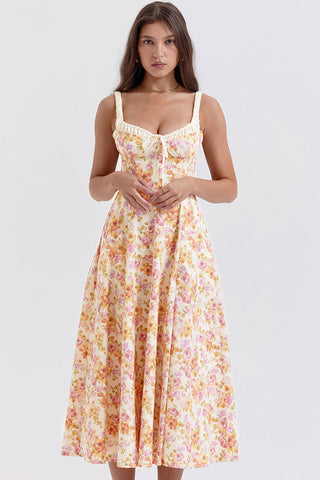 Tie Neck High Split Floral Printed Summer Midi Sundress - Beige