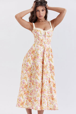 Tie Neck High Split Floral Printed Summer Midi Sundress - Beige