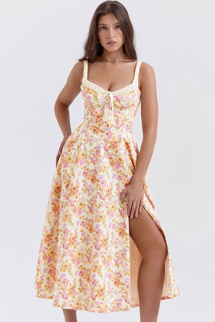 Tie Neck High Split Floral Printed Summer Midi Sundress - Beige