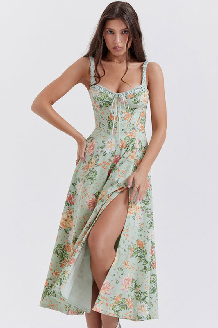Tie Neck High Split Floral Printed Summer Midi Sundress - Green