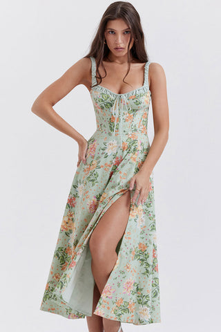 Tie Neck High Split Floral Printed Summer Midi Sundress - Green