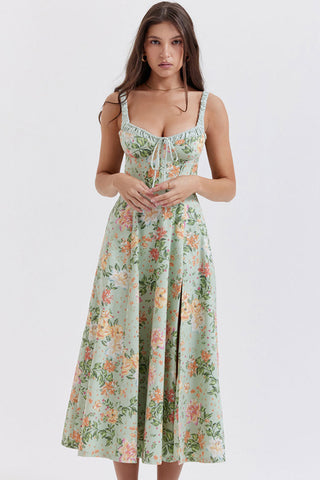 Tie Neck High Split Floral Printed Summer Midi Sundress - Green