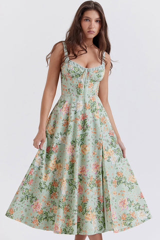Tie Neck High Split Floral Printed Summer Midi Sundress - Green