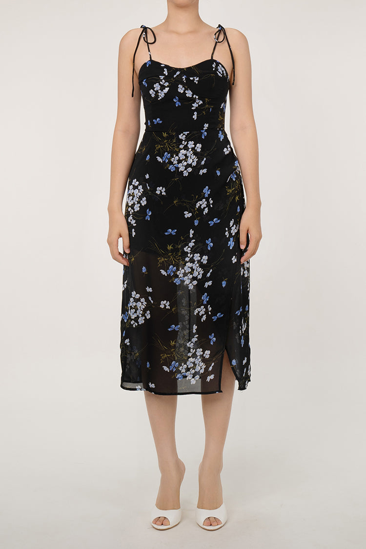 Tie Strap Sweetheart Smocked Split Summer Floral Slip Midi Sundress