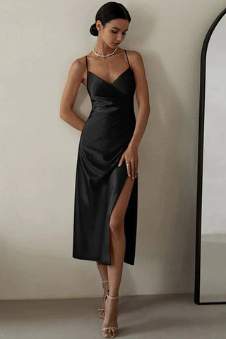 V Neck Ruched Trim High Split Cami Cocktail Party Midi Dress - Black