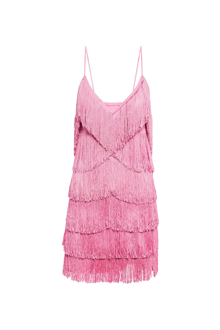 V Neck Spaghetti Strap Layered Fringe Flapper Bodycon Party Mini Dress