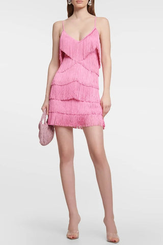 V Neck Spaghetti Strap Layered Fringe Flapper Bodycon Party Mini Dress